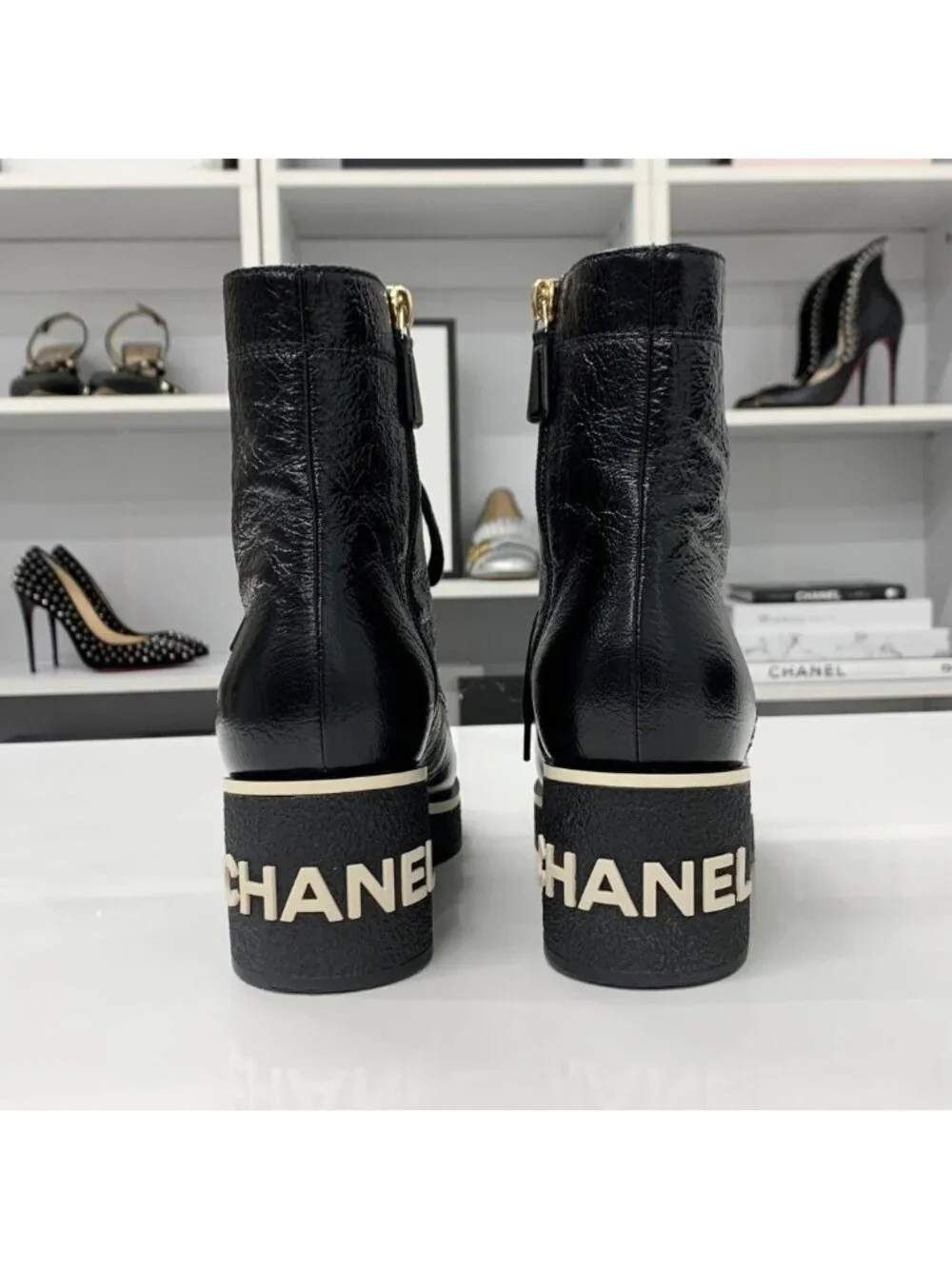 Chanel CC Logo Leather Lace Up Short Boots Black